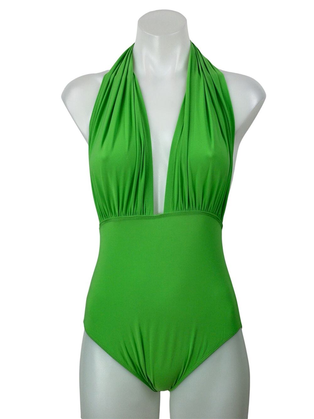 Olivaceous Green Halter Plunging Open Back One Piece Swimsuit Swimwear Size S